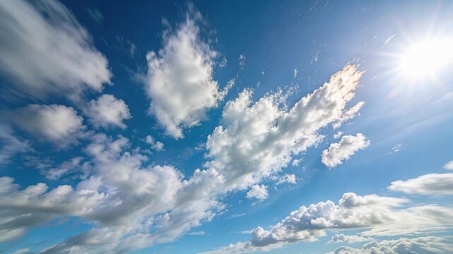Shifting cumulus cloud band thinning while camera tilting upward revealing sun flare over blue sky