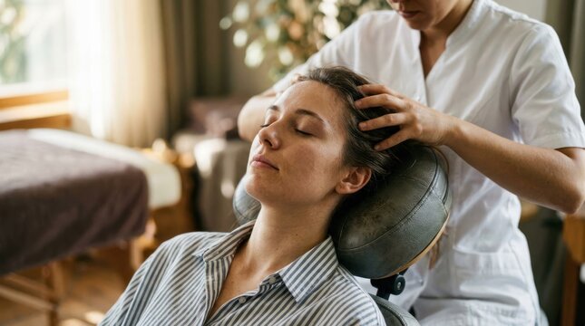 Woman receiving relaxing head massage in a tranquil spa setting.