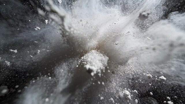 Bursting white powder cloud sending chunks and fine mist, darker core fading against black backdrop