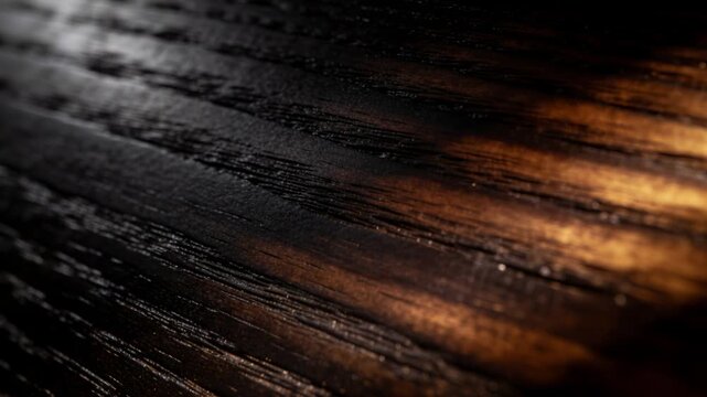 Shifting warm highlight revealing glossy grain on dark-stained plank in dim interior, showing pits