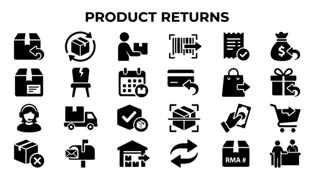Product returns icons and symbols for online shopping logistics and customer service management concepts