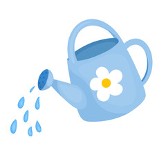 Blue Watering Can with Water Drops Gardening Tool © Oksana