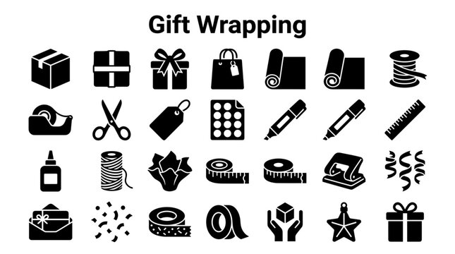 Gift Wrapping Supplies Icons and Symbols Collection for Holidays and Celebrations
