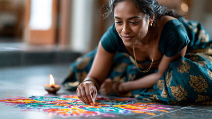Fototapeta premium Realistic commercial stock photo of a young South Indian Tamil woman in her late twenties sitting cross-legged on the floor of a clean modern Chennai apartment, carefully creating
