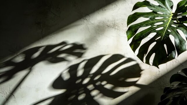 Streaming sunlight through window shifting Monstera shadows on plaster wall, copy space