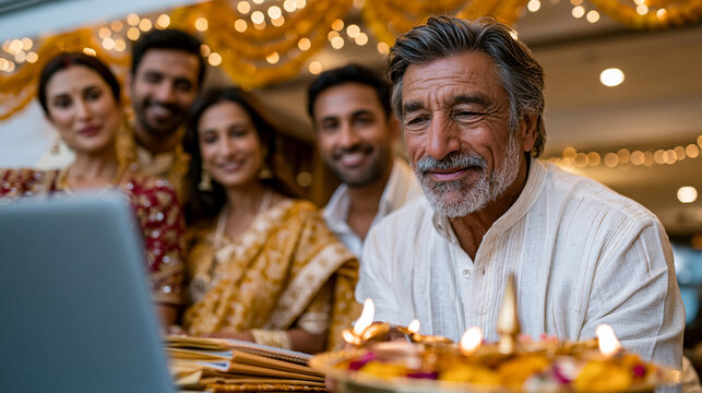 Realistic commercial stock photo of a Marwari business family in Jaipur performing Chopda Puja on Diwali in a modern office reception area decorated with marigold torans and string