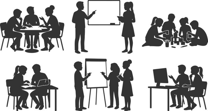 Students and teachers in classroom activities set featuring group work and presentations in black silhouette vector