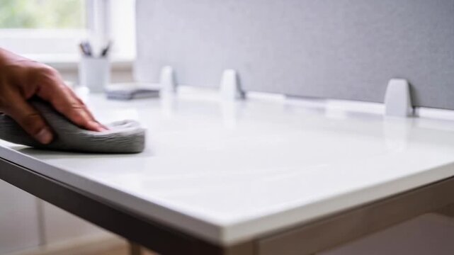 Approaching right hand and forearm cleaning white desk at office with gray cloth, polishing surface