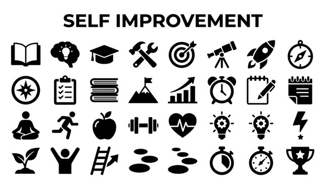 Collection of self improvement icons representing growth learning success and achievement for personal development concepts