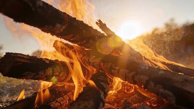 Burning birch log pile catching flame at campsite near sunset, producing hot embers, drifting smoke