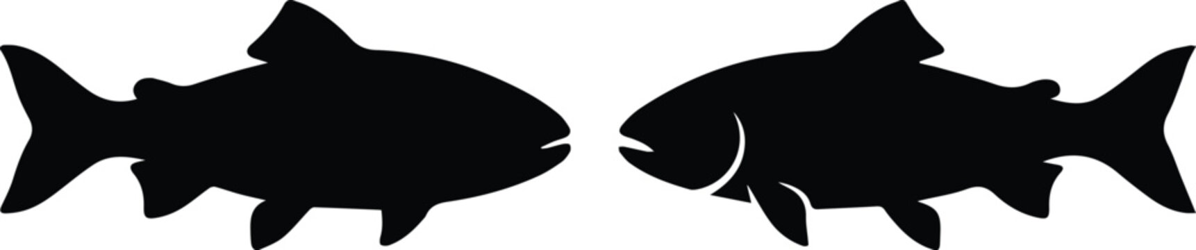 Black salmon fish silhouettes, minimalist trout vector icons, wild river fish shapes for fishing logos and outdoor sports branding isolated PNG with Transparent Background
