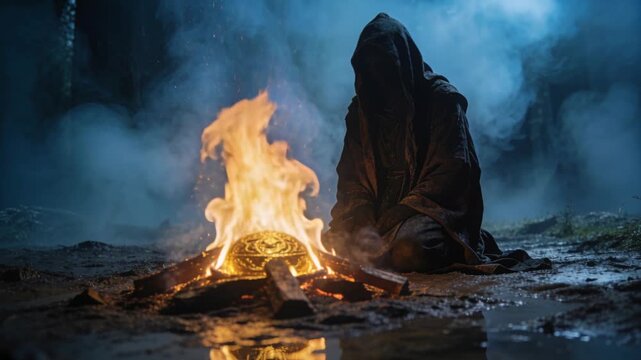 Flames flaring, cloaked figure in dark robe watching night clearing, conducting ritual, golden disk