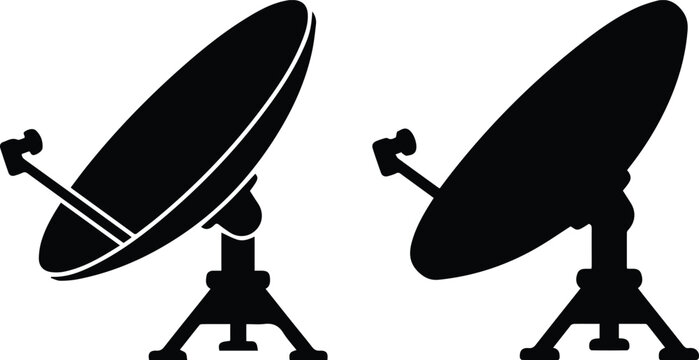 Satellite dish silhouette icons, parabolic antenna vector set for telecommunications, global broadcasting and wireless signal reception equipment isolated PNG with Transparent Background