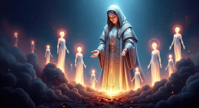 A divine entity in celestial robes looks down with compassion upon reaching spiritual forms rising from glowing embers and thick dark mist, religion, hope, spirits