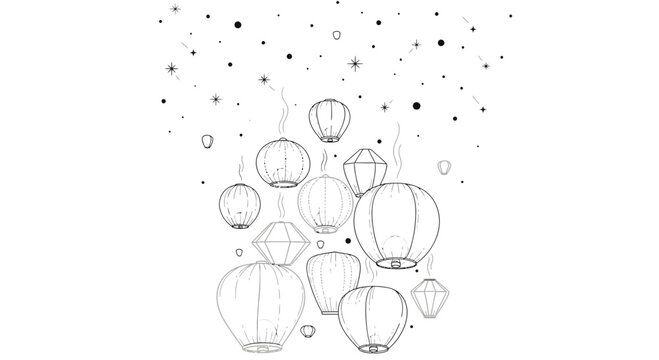 Floating Paper Lanterns Night Sky Outline Illustration
