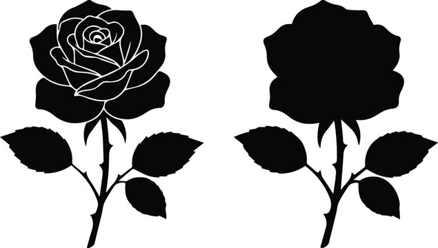 Black rose flower silhouettes with detailed petals and leaves, elegant floral vector set, botanical garden rose blossom icons for wedding design isolated PNG with Transparent Background