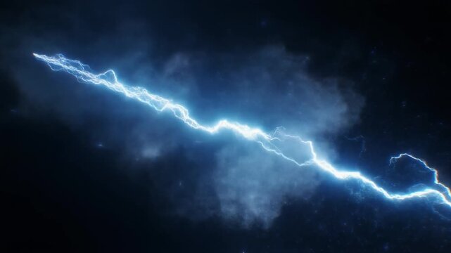 Powerful blue lightning bolt striking horizontally across a dark night sky filled with clouds.