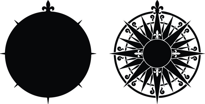Vintage nautical compass rose vector set, antique wind rose silhouettes with fleur de lis, black maritime navigation symbols for maps isolated PNG with Transparent Background