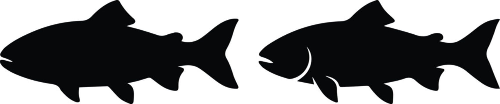 Salmon fish silhouette vector set, black trout icons for fishing logos, wild river fish shapes for outdoor sports and seafood branding isolated PNG with Transparent Background