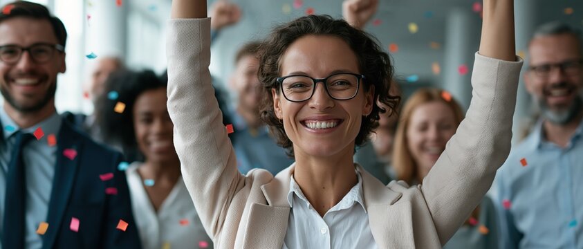Triumphant female leader raises arms in joy as colorful confetti falls during an office celebration. Diverse colleagues cheer behind her, capturing team achievement and workplace.