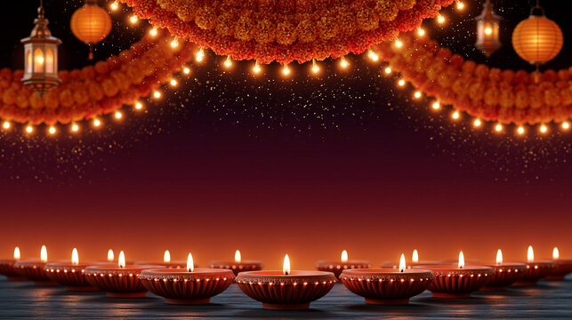 Flat vector illustration of a Diwali festive sale landing page header banner in ultra-wide format, bold layered composition with a row of glowing illustrated diyas along the bottom