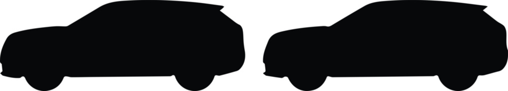 Modern SUV car silhouettes, black crossover vehicle side view vector set, 2 automotive profile icons for transportation design and car dealership branding