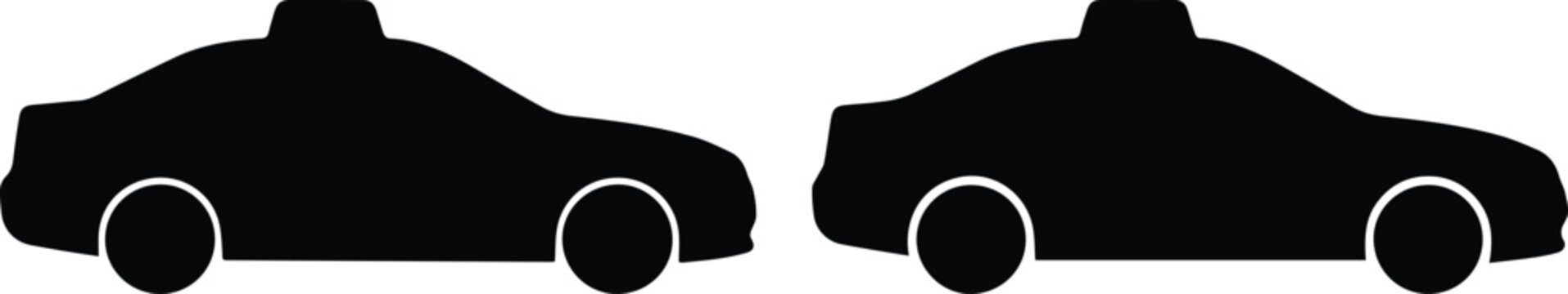 Taxi car silhouette icons, black sedan vehicle vector set, urban transportation and city cab symbols for mobile apps and web design