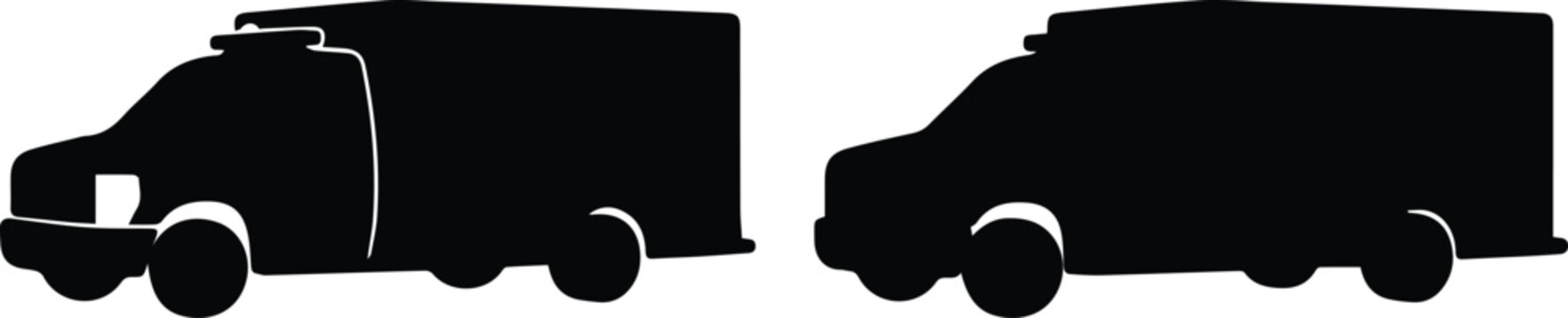 Ambulance silhouette vector set, emergency medical vehicle icons, black paramedic truck shapes for healthcare and first responder designs