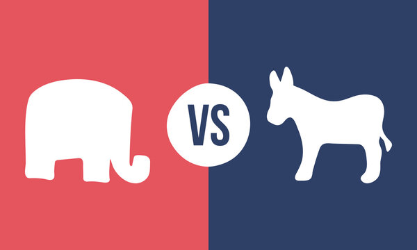 US Political Debate Concept Banner with Republican Elephant and Democratic Donkey Silhouettes, Red and Blue Versus Split Screen Layout