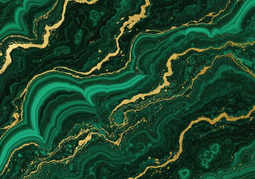 Elegant abstract background featuring swirling deep green malachite textures intertwined with metallic gold veins and shimmering flecks, vibrant, rich, crystalline