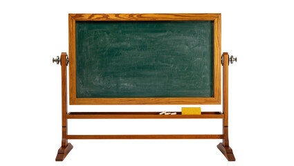 Isolated classic green chalkboard with wooden stand, three chalk pieces, and yellow eraser on tray © ROCKETX