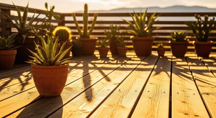 Fototapeta premium Intense golden sunlight bathes a rustic wooden terrace under a sweltering sky, showing sharp shadows of potted plants and parched air, temperature, atmosphere, vivid