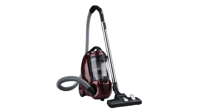 Isolated modern maroon bagless canister vacuum cleaner household appliance for home cleaning