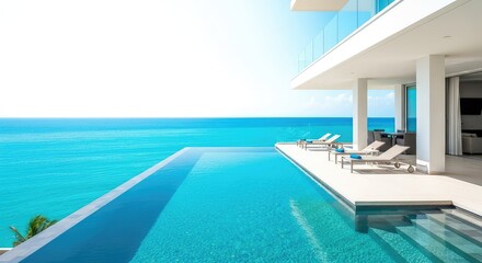 Fototapeta premium Modern architectural luxury villa featuring a crystal clear infinity edge pool overlooking the vast turquoise ocean under a bright sky, holiday, scenic, modern