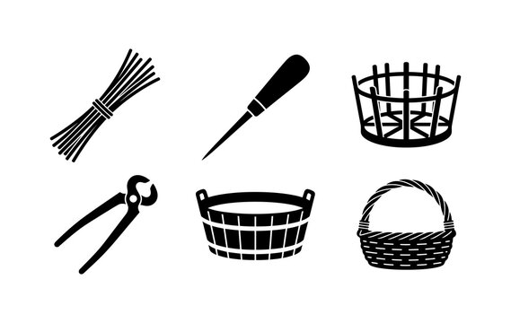 Set of Basket Weaving Tools and Traditional Handmade Woven Baskets Silhouettes