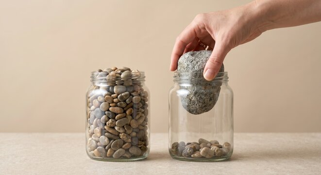Conceptual photography of hand placing large stone into glass jar representing time management