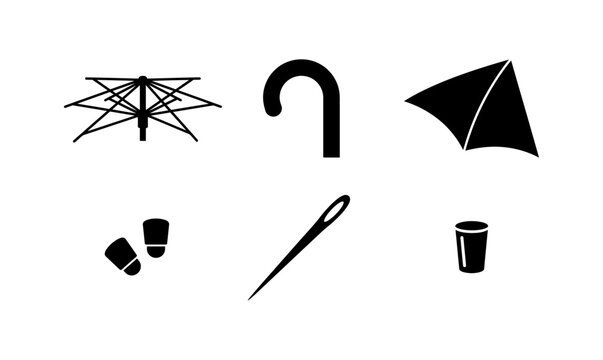 Minimalist black vector silhouette collection of common household objects including a paper airplane, sewing needle, and umbrella frame
