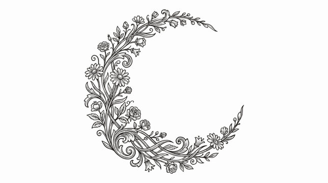 Crescent floral flourish wreath half moon vector illustration. Vintage wild flower wreath frame border element. Elegant circle wreath line art design.
