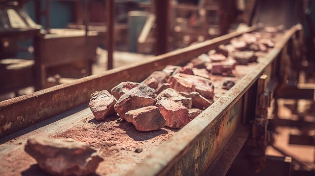 Heavy-duty industrial conveyor belt carrying raw ore material in a processing facility