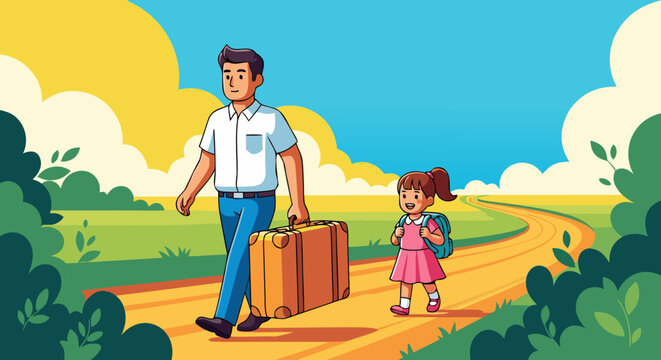 Vector illustration of a father and daughter walking on a path with luggage, embarking on a journey together, symbolizing family and travel
