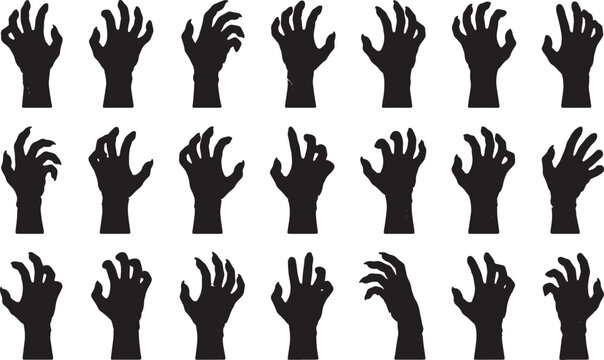 Zombie hands gestures, variety of scary undead arms, halloween horror elements, creepy monster limbs collection with diverse poses.