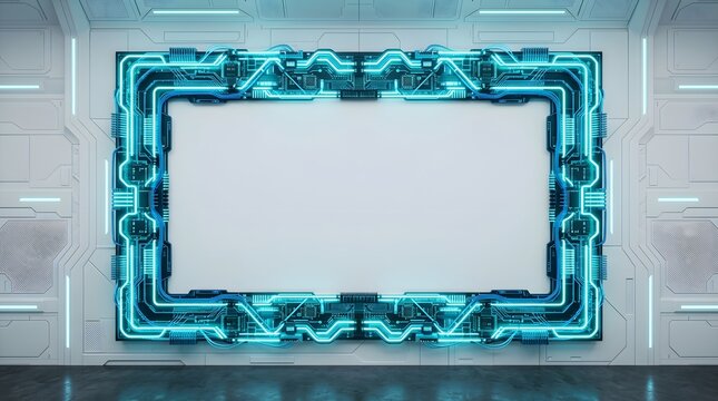 This is an abstract digital border design built around glowing neon circuits and intricate technology patterns offering a dynamic and futuristic background for graphic applications