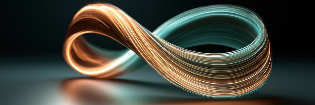 Two abstract forms create a continuous flow of warm amber and cool teal streams while forming a loop in a dark setting with empty space.