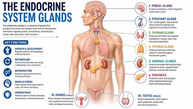 Human Endocrine System Glands Anatomy Infographic Chart Showing Hormone Functions
