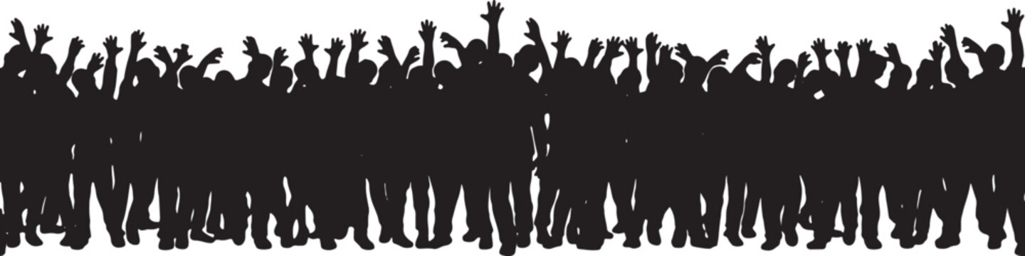 Large crowd of zombies reaching up with hands in air creating spooky border for halloween background or horror event poster graphic illustration.