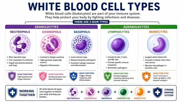 Comprehensive Educational Infographic of White Blood Cell Types and Immune Functions