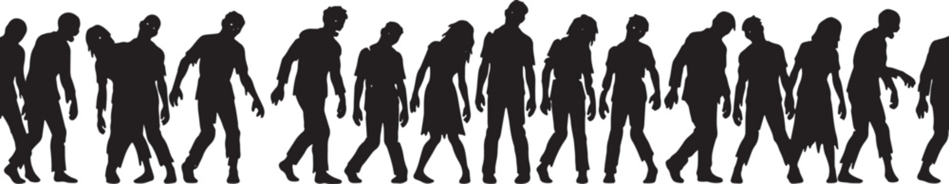 Group of walking zombies silhouettes isolated on transparent background apocalyptic walking dead horde illustration for halloween party decoration.