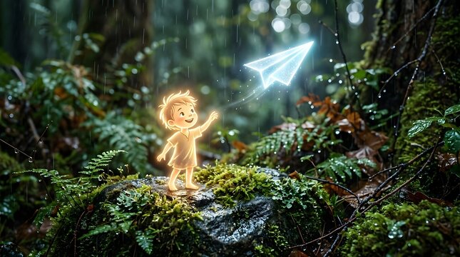 This whimsical illust n features a small glowing doodle of a child joyfully flying a paper airplane in the open sky representing themes of childhood dreams creativity and boundless freedom