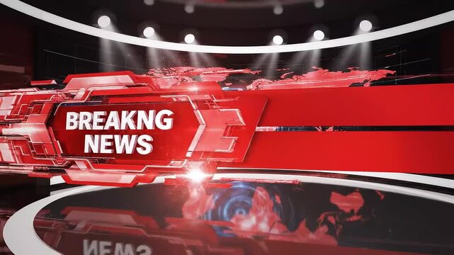 Breaking news studio background video with red virtual set design and digital world map for professional television broadcast motion clip