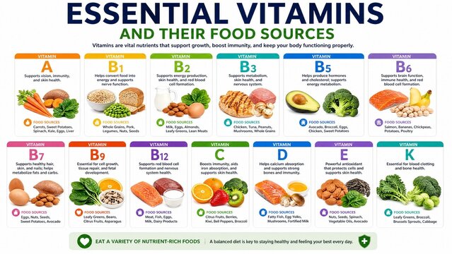 Essential Vitamins and Their Food Sources Educational Nutrition Infographic